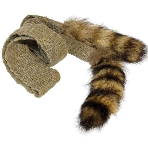 Vintage 80s Winter Knit Scarf w/ Fur Tails Raccoon Tails Wear Repurpose Cosplay - Picture 6 of 10